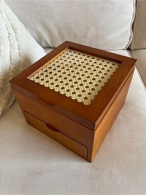 Artisan Wooden Jewelry Box with Woven Cane Top - Brown & Natural